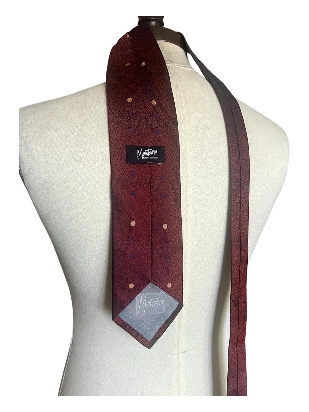 Vintage Claude Montana Burgundy Patterned 100% Silk Tie Retro Classic Office